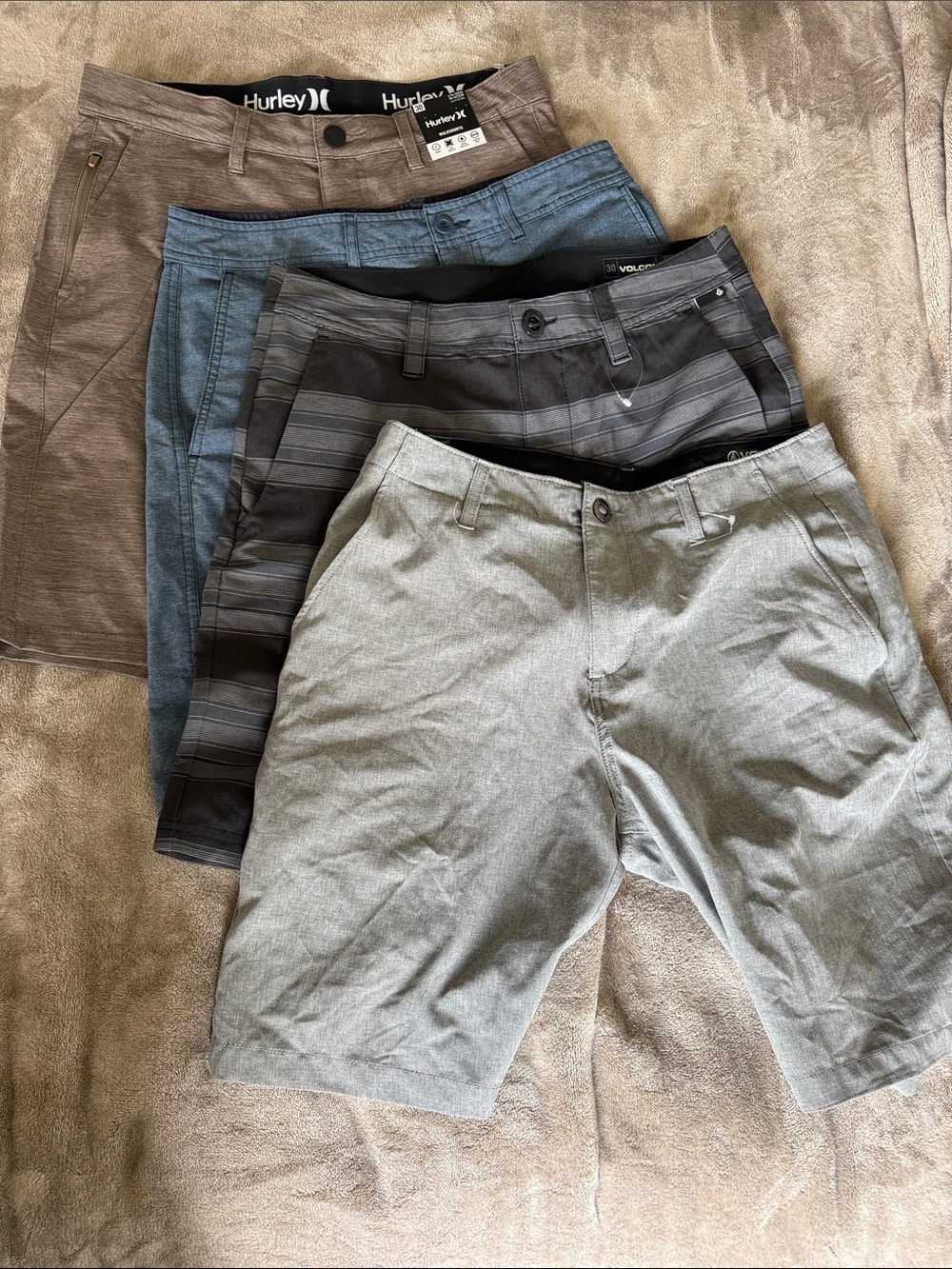 Hurley Swim Surf Chino Shorts - Olive green, Black Striped, Blue, and Gray 30